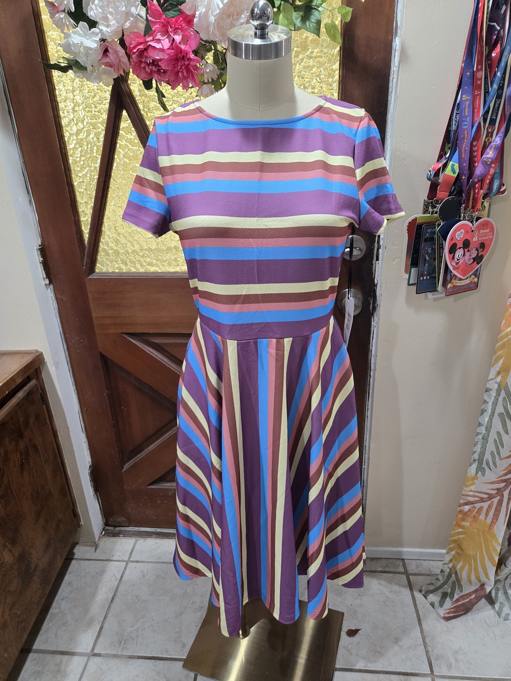 NWT Short-Sleeve Striped Fit-and-Flare Dress in Multicolor